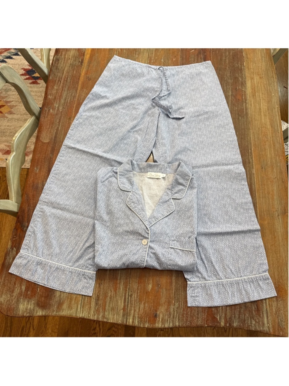 Dina Yang Cotton Pajama Set Medium Blue White Ditsy Floral 2PC Button Down